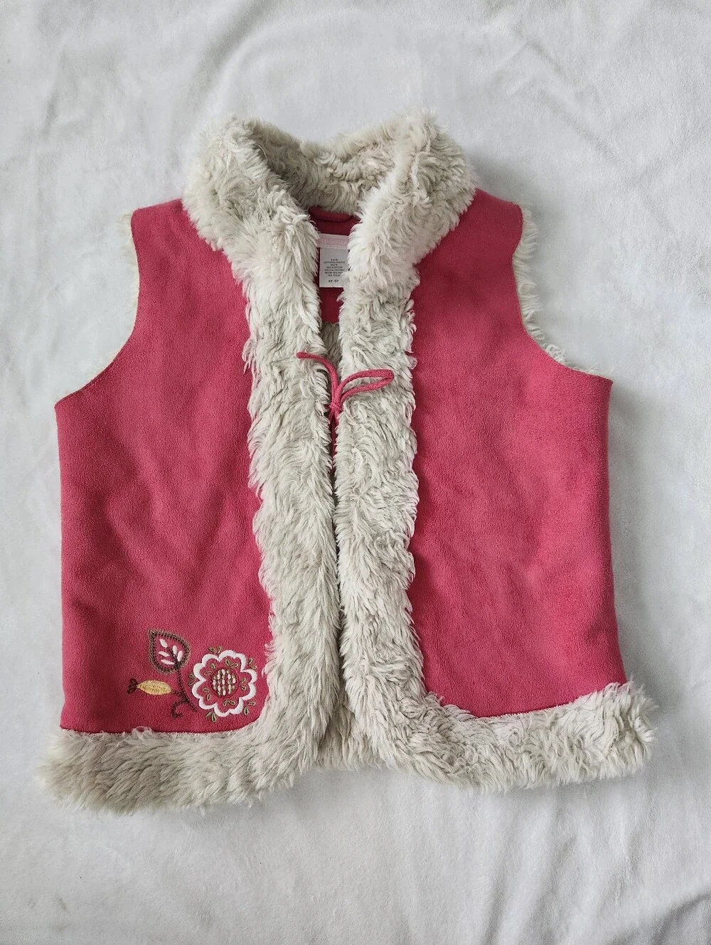 Vintage Janie And Jack Rich Coziness Pink Suede Faux-Fur Trim Vest